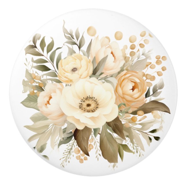 Elegant Beige Brown Flowers Floral Ceramic Knob (Front)