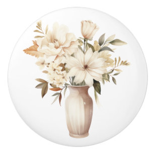 Elegant Beige Brown Flowers Floral Ceramic Knob