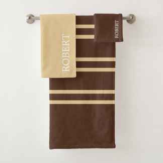 Elegant Beige &Brown Stripes Pattern Custom Name Bath Towel Set