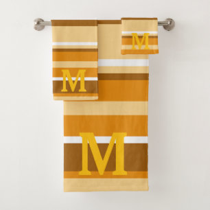 Elegant beige brown &white stripes monogram bath towel set
