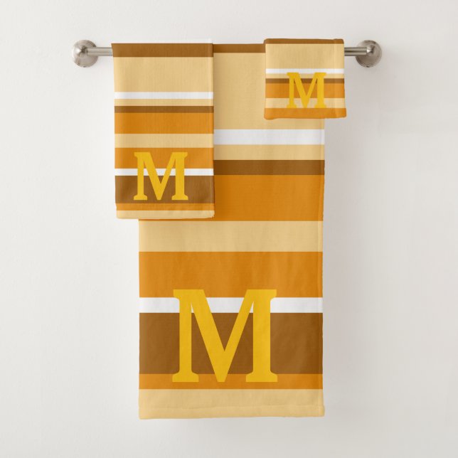 Elegant beige brown &white stripes monogram bath towel set (Insitu)