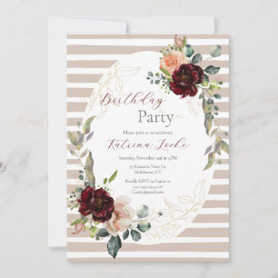 Elegant Beige Burgundy Striped Birthday Invitation