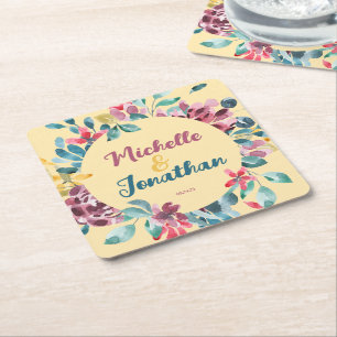 Elegant beige colourful watercolor floral wedding square paper coaster