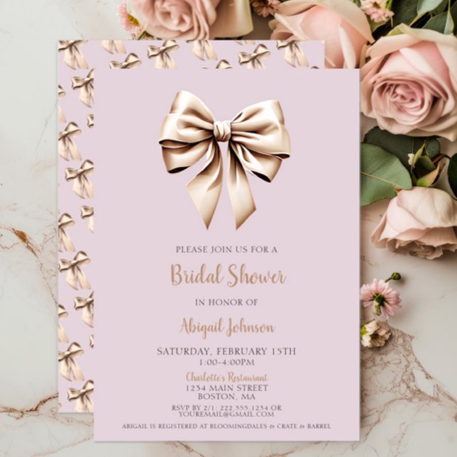 Elegant Beige Coquette Bow Bridal Shower Invitation (Elegant Beige Coquette Bow Bridal Shower Invitation, Lavender, Classic Modern Trendy Chic, Script)