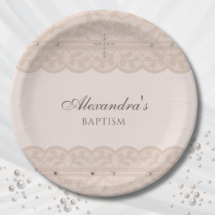 Elegant Beige Cross Christening Christian Baptism Paper Plate