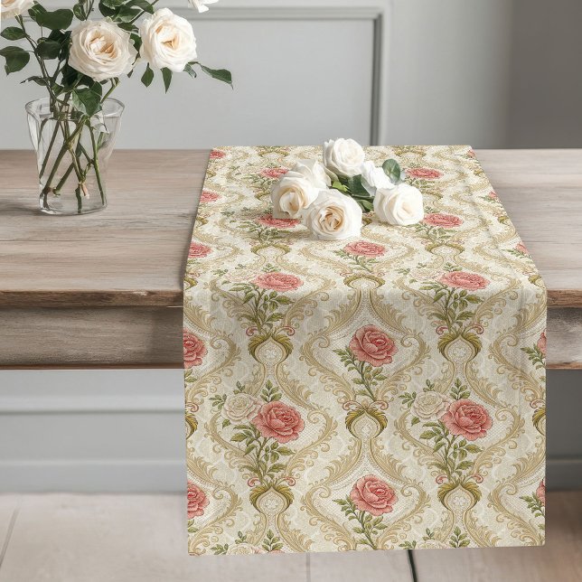 Elegant Beige Damask Blush Roses Victorian Inspire Long Table Runner (Elegant Beige Damask Blush Roses Victorian Inspire Long Table Runner)