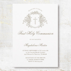 elegant beige floral crest First Holy Communion Invitation