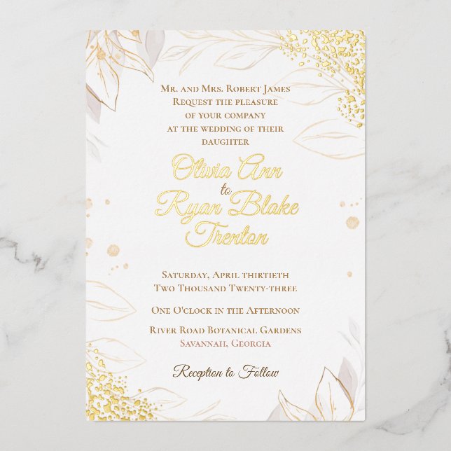 Elegant Beige Floral Foil Wedding Invitation (Front)