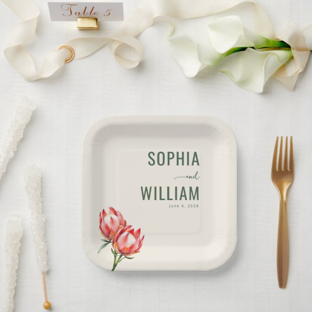 Elegant Beige Floral Protea Paper Plate (Wedding)