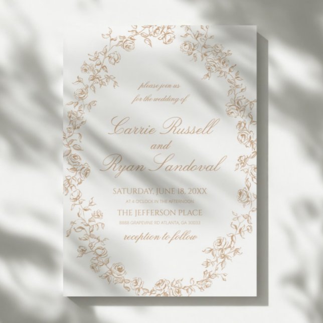 Elegant Beige Floral Roses Fine Line Art Wedding Invitation (Creator Uploaded)