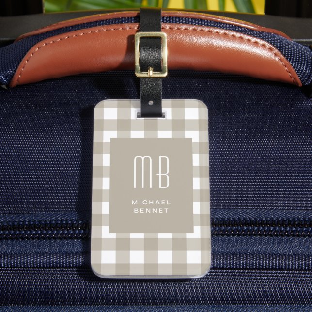 Elegant Beige Gingham Monogram Luggage Tag (Front Insitu 2)