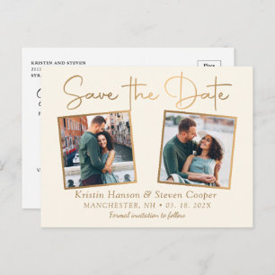 Elegant Beige Gold 2 Photo Save The Date Postcard