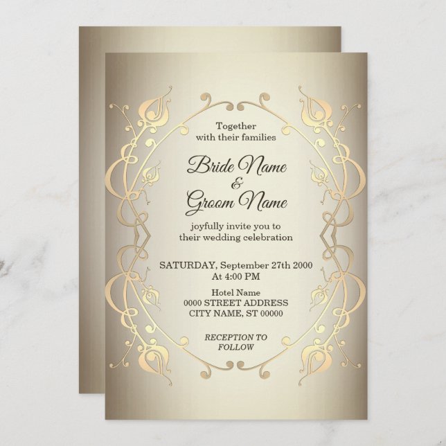 Elegant Beige Gold Floral Wedding Invitation (Front/Back)