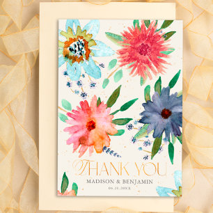 Elegant Beige Gold Floral Wildflower Wedding Photo Thank You Card