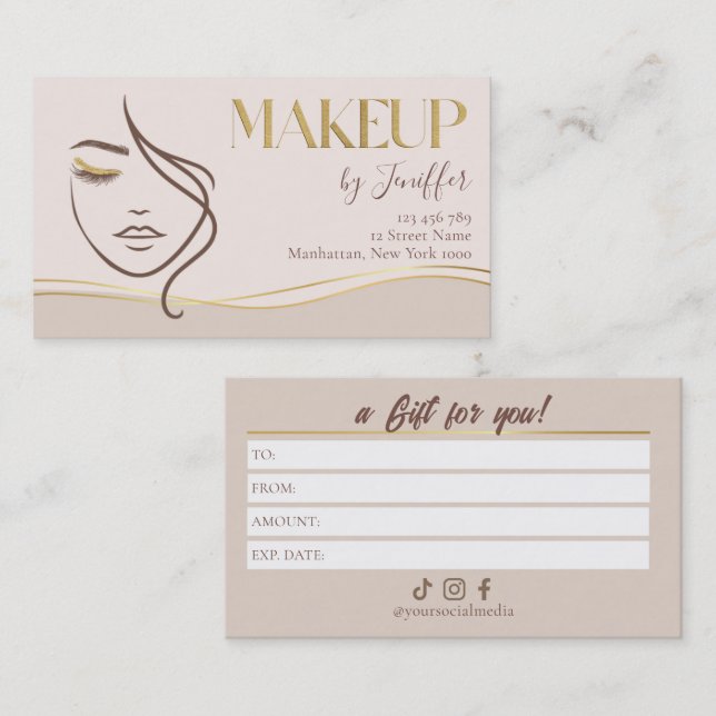 Elegant Beige & Gold Makeup Gift Certificate Card (Front/Back)