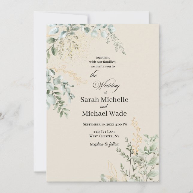 Elegant Beige Greenery Wedding Invitation (Front)