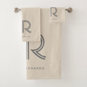 Elegant beige grey monogram name bath towel set