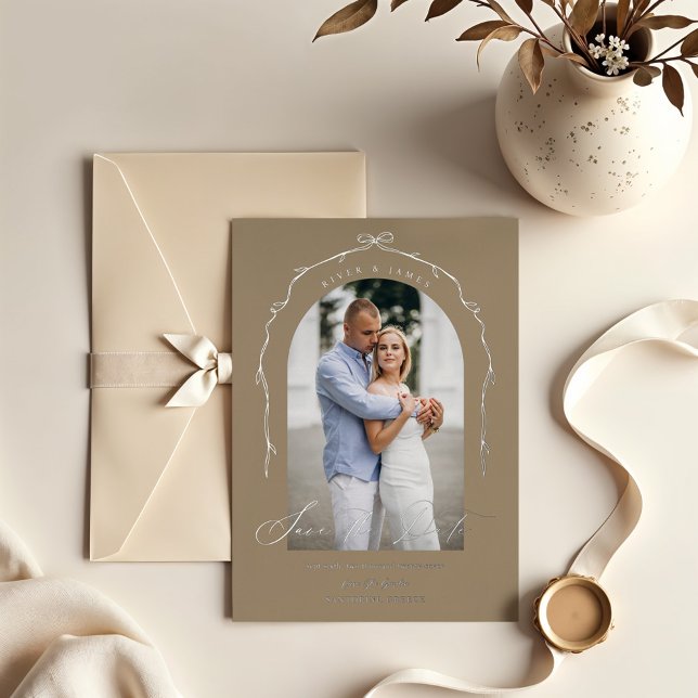 Elegant Beige Hand Drawn Bow Ribbon Save The Date (Elegant Beige Hand Drawn Bow Ribbon Save The Date Foil Invitation)