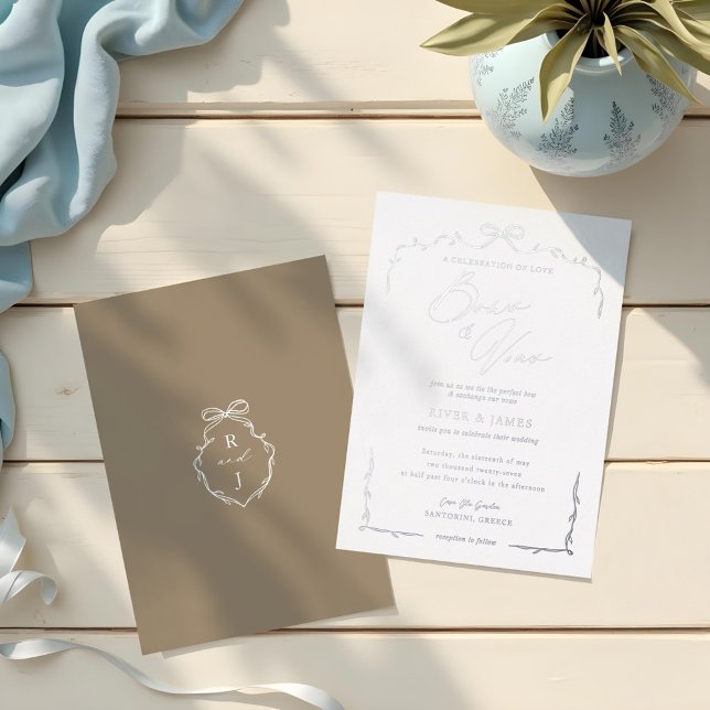 Elegant Beige Hand Drawn Bow & Ribbon Wedding (Elegant Blue Hand Drawn Bow & Ribbon Wedding Foil Invitation)