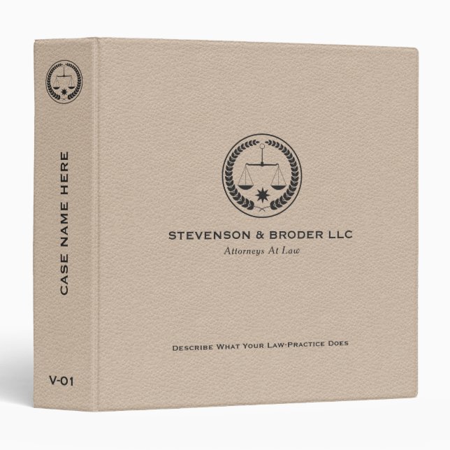 Elegant Beige Leather & Black Justice Logo Binder (Front/Spine)