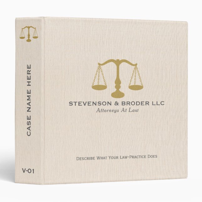 Elegant Beige Linen & Gold Justice Scale Binder (Front/Spine)