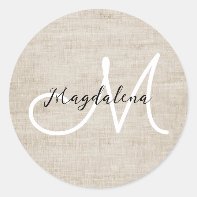 Elegant beige linen texture classic round sticker (Front)