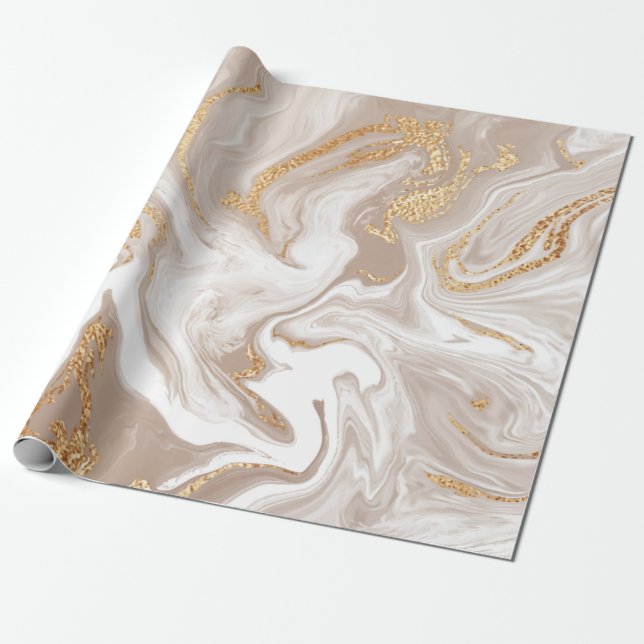 Elegant beige liquid marble with golden glitter wrapping paper (Unrolled)