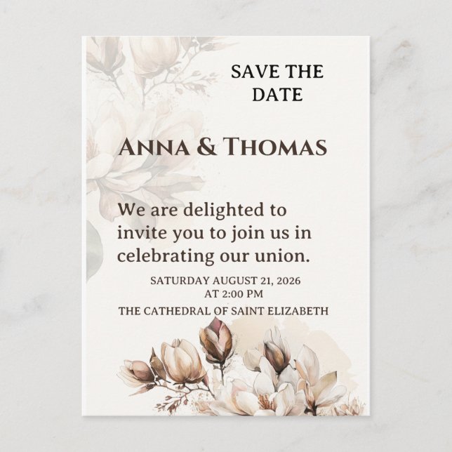 Elegant Beige Magnolia Save The Date Card (Front)