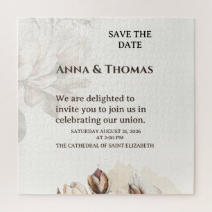 Elegant Beige Magnolia Save The Date Card Jigsaw Puzzle