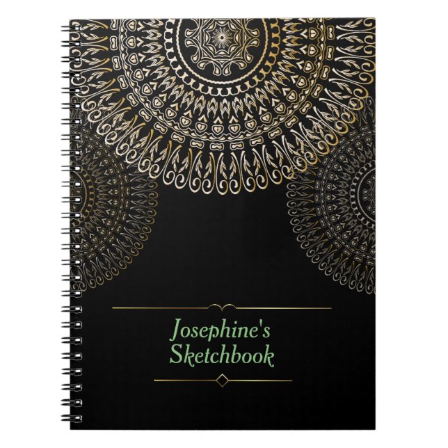 Elegant Beige Mandala Personalized Name black Notebook (Front)