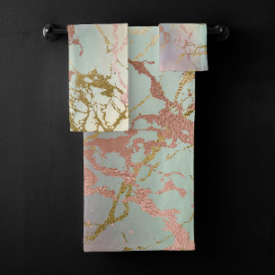 Elegant Beige Marble   Mint Sage Green Rose Gold Bath Towel Set