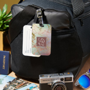 Elegant Beige Marble   Sage and Rose Gold Monogram Luggage Tag