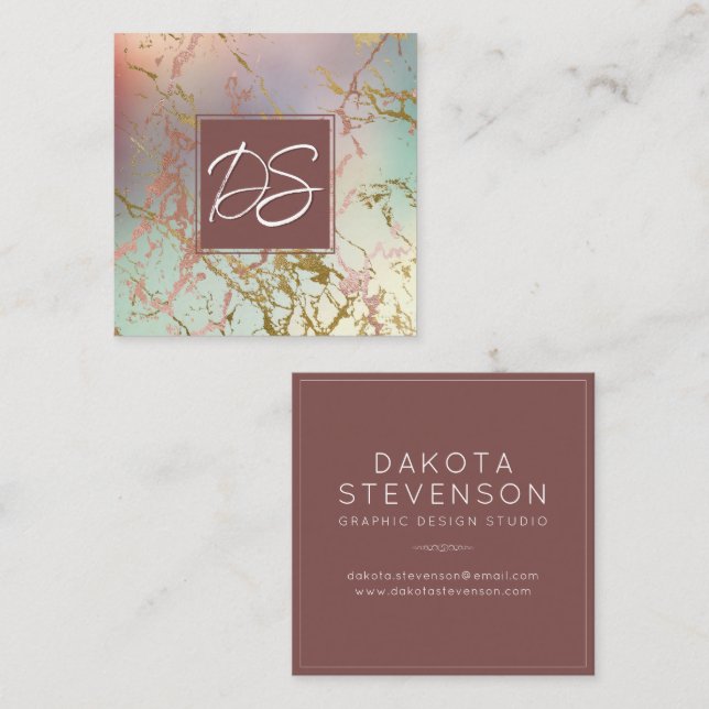 Elegant Beige Marble | Sage and Rose Gold Monogram Square Business Card (Front/Back)