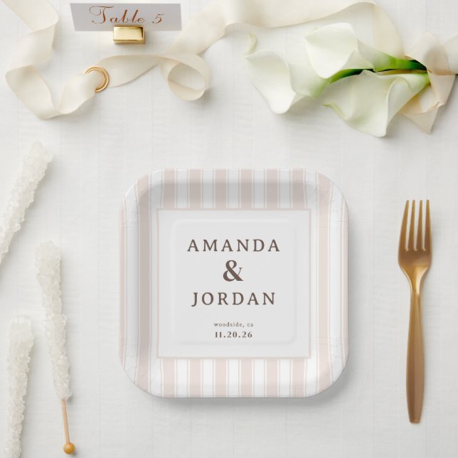 Elegant Beige Minimalist Stripes Paper Plate (Wedding)
