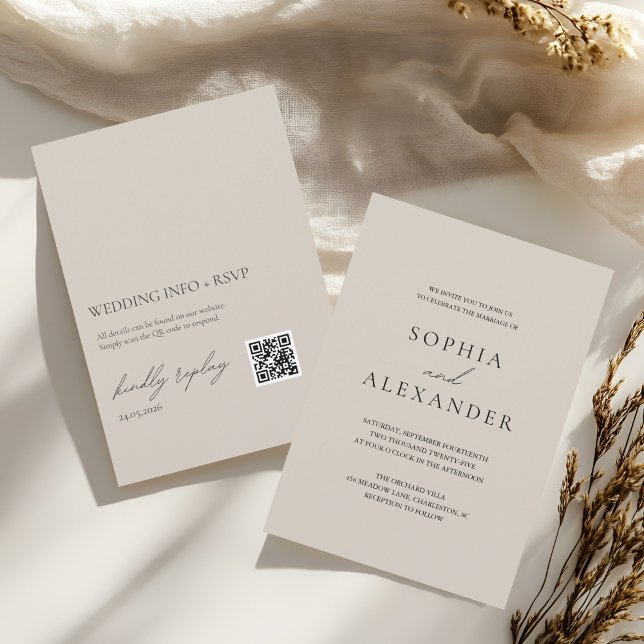 Elegant Beige Minimalist Wedding with RSVP QR Code Invitation (Creator Uploaded)