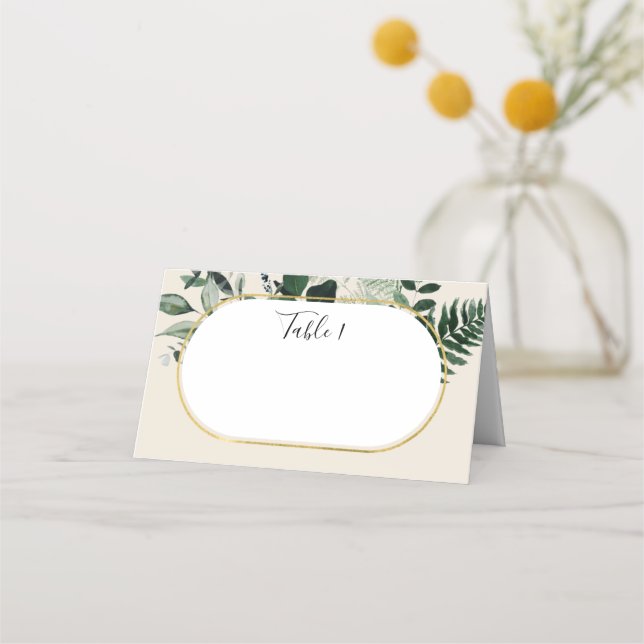  Elegant Beige Modern arch with botanical greenery Place Card (Front)