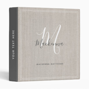 Elegant Beige Modern Monogram Script Linen Office Binder