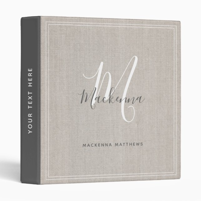 Elegant Beige Modern Monogram Script Linen Office Binder (Front/Spine)