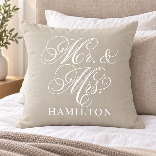 Elegant Beige Mr and Mrs Script Wedding Throw Pillow
