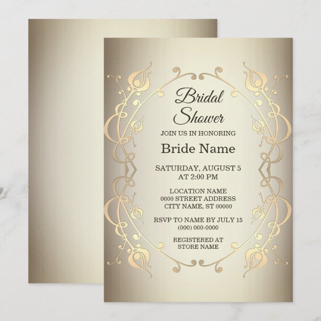 Elégant Beige Or Floral Douche nuptiale Invitation (Devant / Derrière)