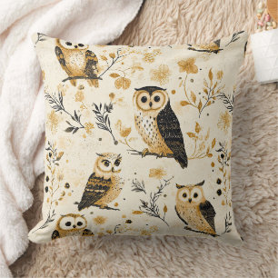 Elegant Beige Owl Wildlife Botanical Pattern Throw Pillow