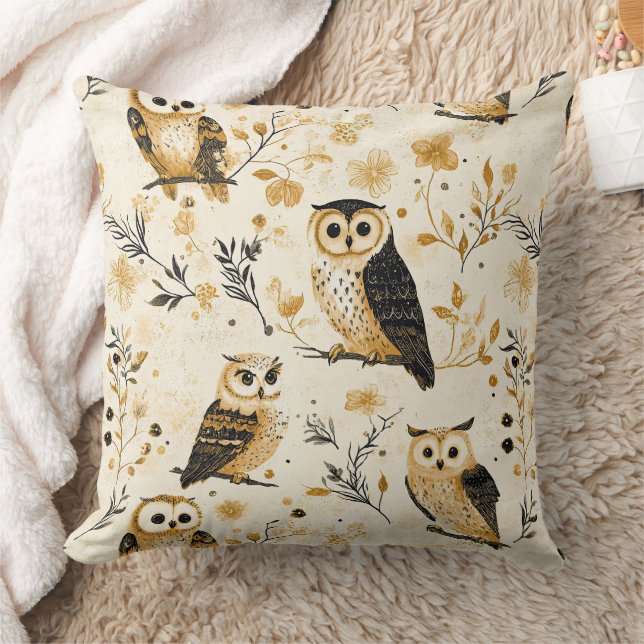 Elegant Beige Owl Wildlife Botanical Pattern Throw Pillow (Blanket)