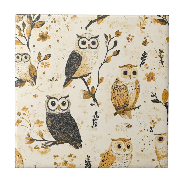 Elegant Beige Owl Wildlife Botanical Pattern Tile (Front)