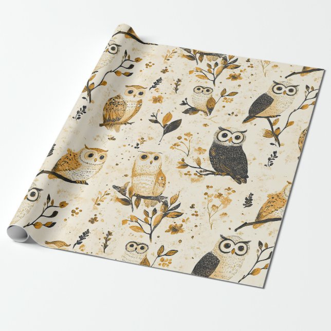 Elegant Beige Owl Wildlife Botanical Pattern Wrapping Paper (Unrolled)