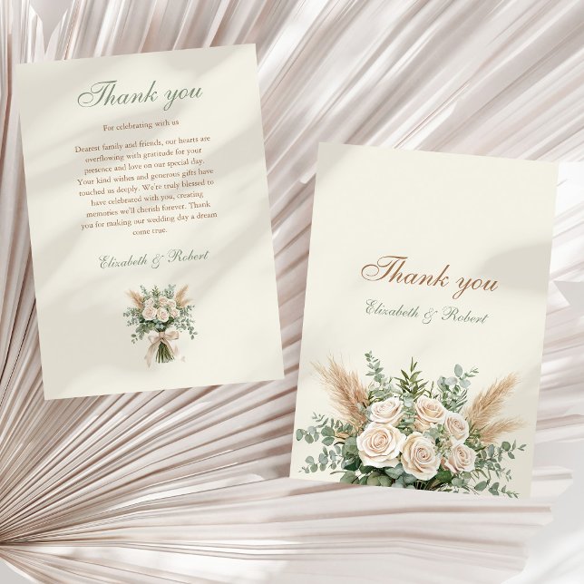 Elegant Beige Pampas Grass Wedding Thank You Card (Elegant Beige Pampas Grass Wedding Thank You Card on a neutral dry palm leaf)