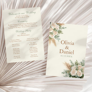 Elegant Beige Pampas & Rose Wedding Program