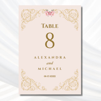 Elegant Beige Pink Ornate Baroque Wedding Table Number
