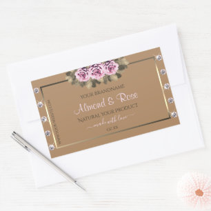 Elegant Beige Product Labels Pink Roses Diamonds