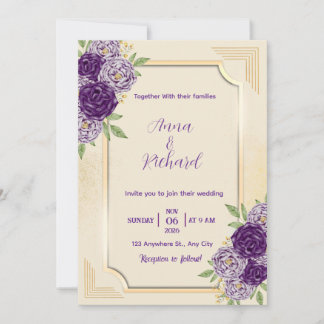 Elegant Beige & Purple Floral Wedding Invitation