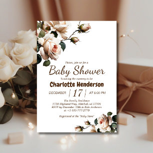 Elegant Beige Rose Girl Baby Shower Invitation